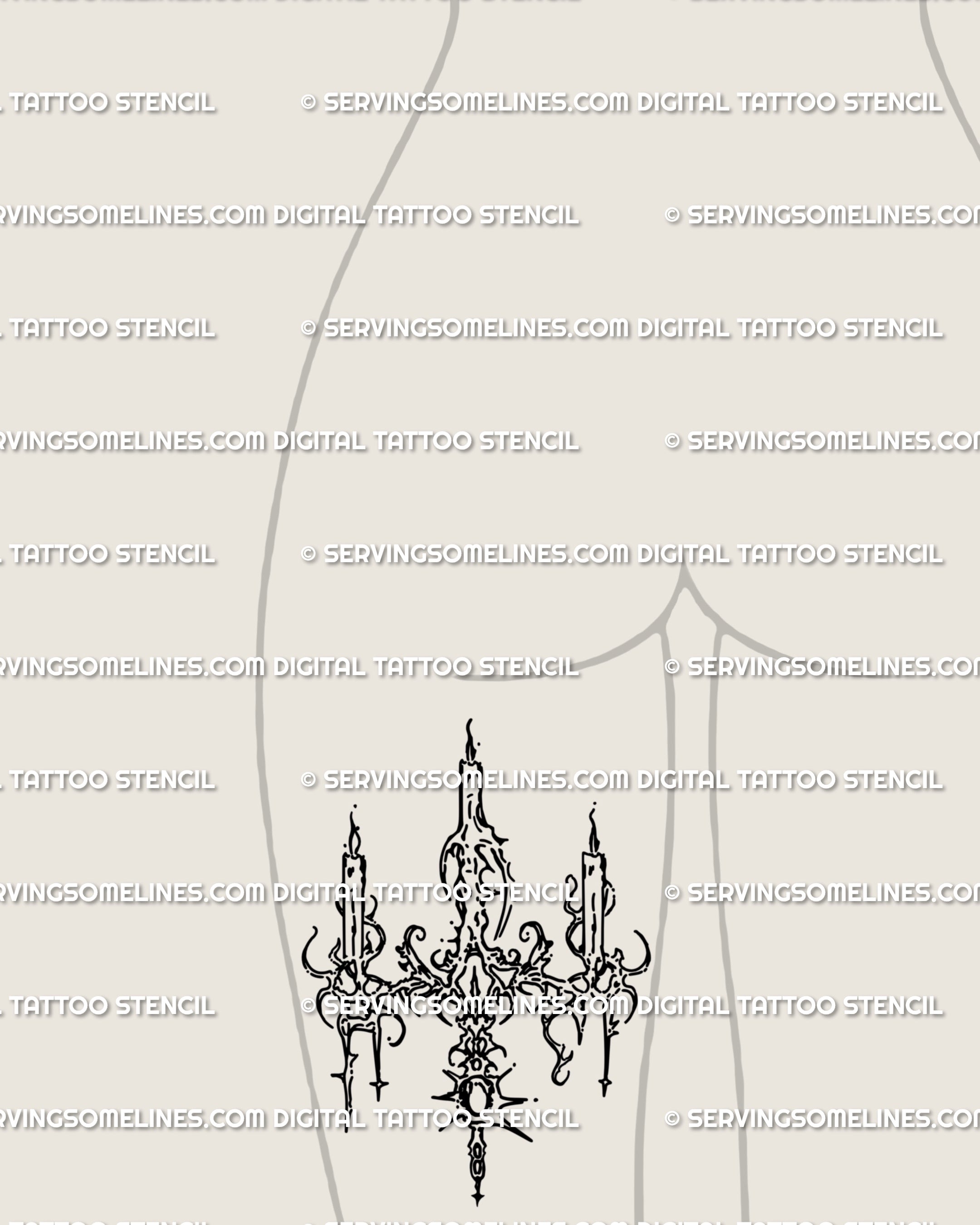 Back of thigh tattoo stencil for women, chandelier candle cybersigilism artwork with neotribal gothic flow, striking leg tattoo design idea.
