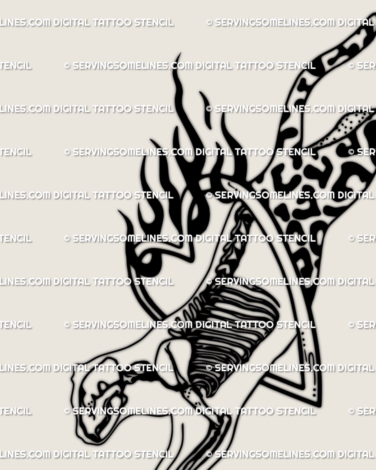 Hand-drawn weirdcore cheetah tattoo design, flaming hoop and leopard print blend, clean digital stencil file ready for tattoo artists.