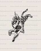 Weirdcore cheetah tattoo stencil showing flaming cat skeleton with leopard print body, digital design preview for unique tattoo idea. 