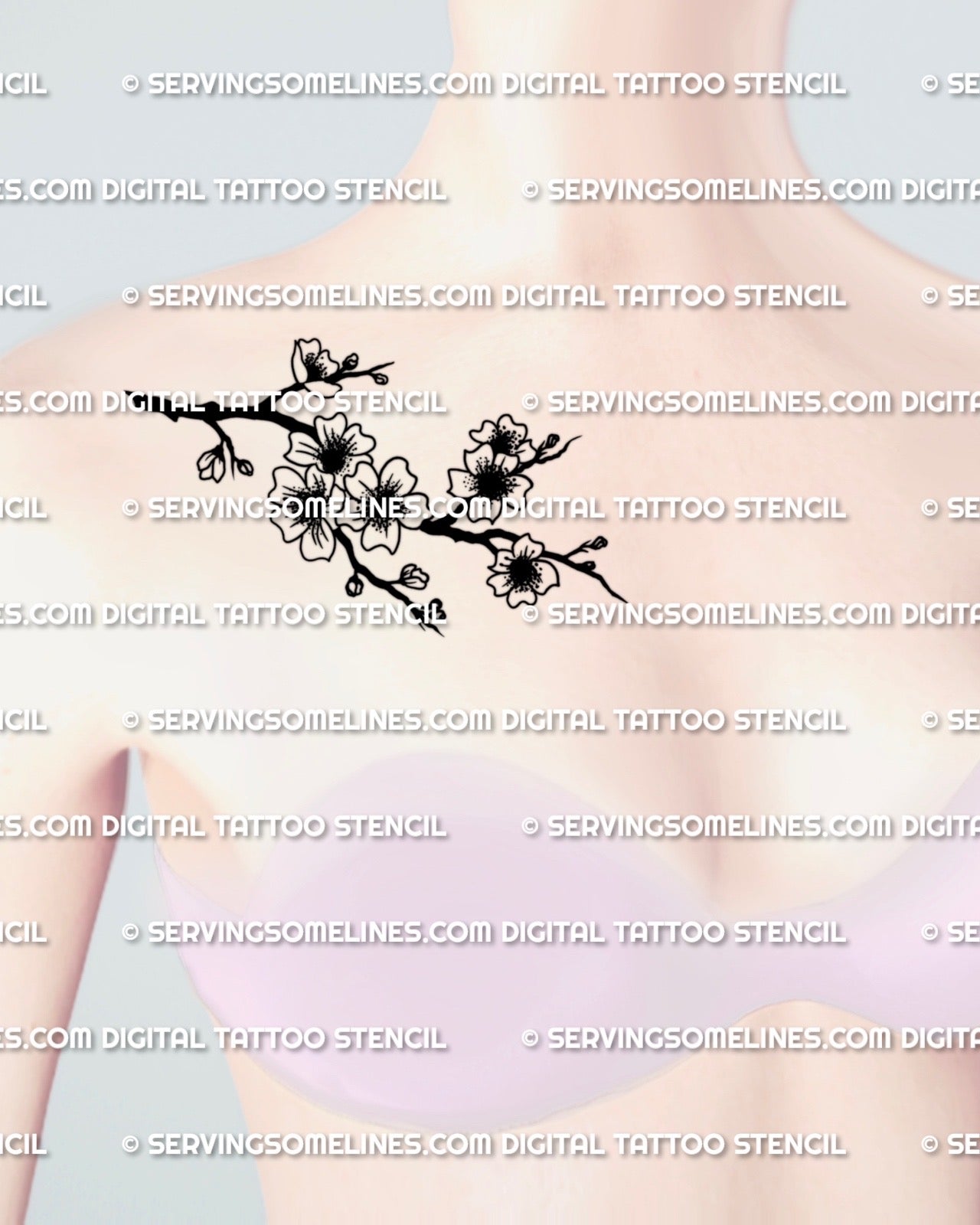Cherry blossom tattoo stencil shown on collarbone placement example, sakura branch with clustered blossoms.