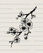 Cherry blossom tattoo stencil, sakura branch with clustered blossoms and clean branch linework, digital download.