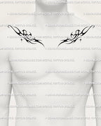 Front view of men’s chest with twin flaming heart neo-tribal tattoo stencil across collarbones, digital design preview. 