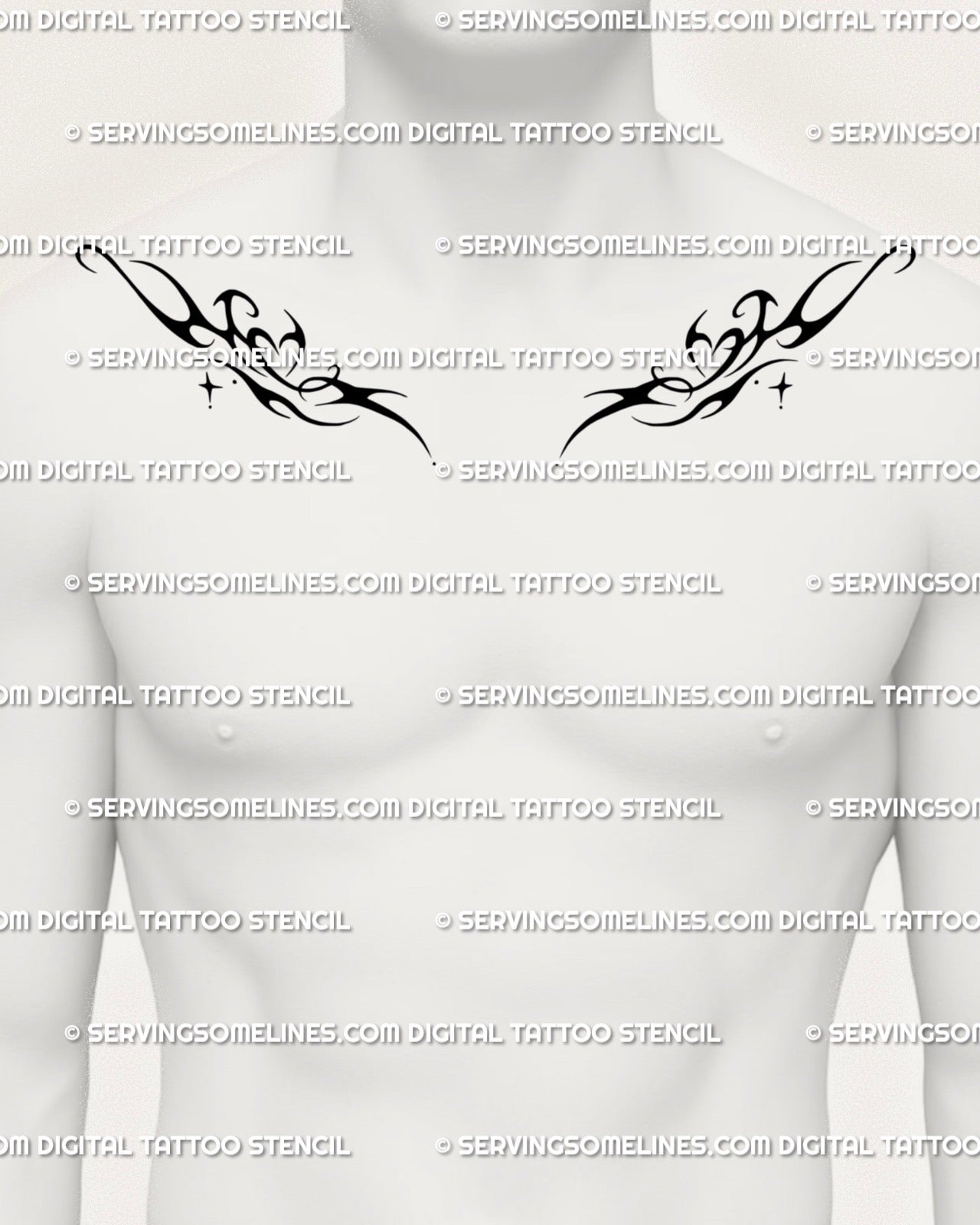 Front view of men’s chest with twin flaming heart neo-tribal tattoo stencil across collarbones, digital design preview. 