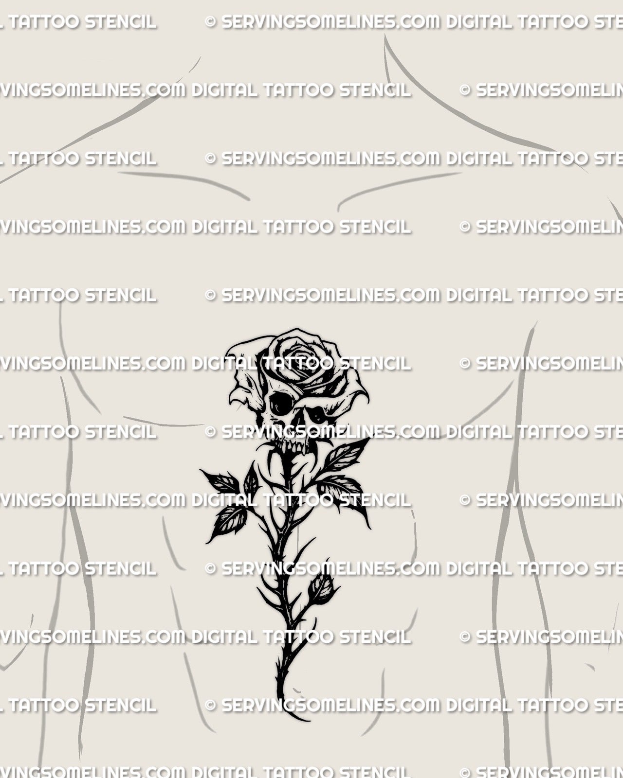 Chest skull rose tattoo stencil shown on a man’s sternum, dark gothic blackwork rose and skull artwork shaped for centered masculine placements