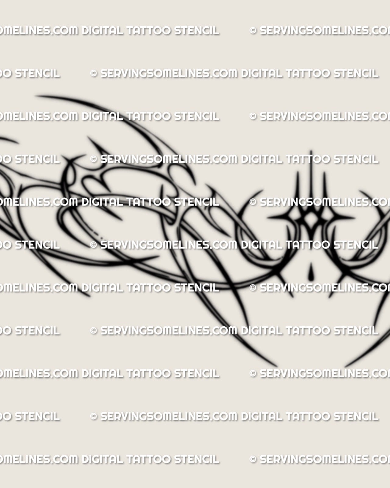 Digital chest tattoo stencil shown without a mockup featuring fine line futuristic curves and a centered sparkle in a clean outline
