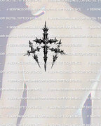 Christian calvary cross stencil file shown on mens shoulder back placement, three cross tattoo stencil, bold silhouette.