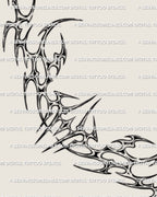 digital chrome inspired cyber tribal stencil with sharp blade like arcs and metallic flame shapes built for lower back or waistline placement