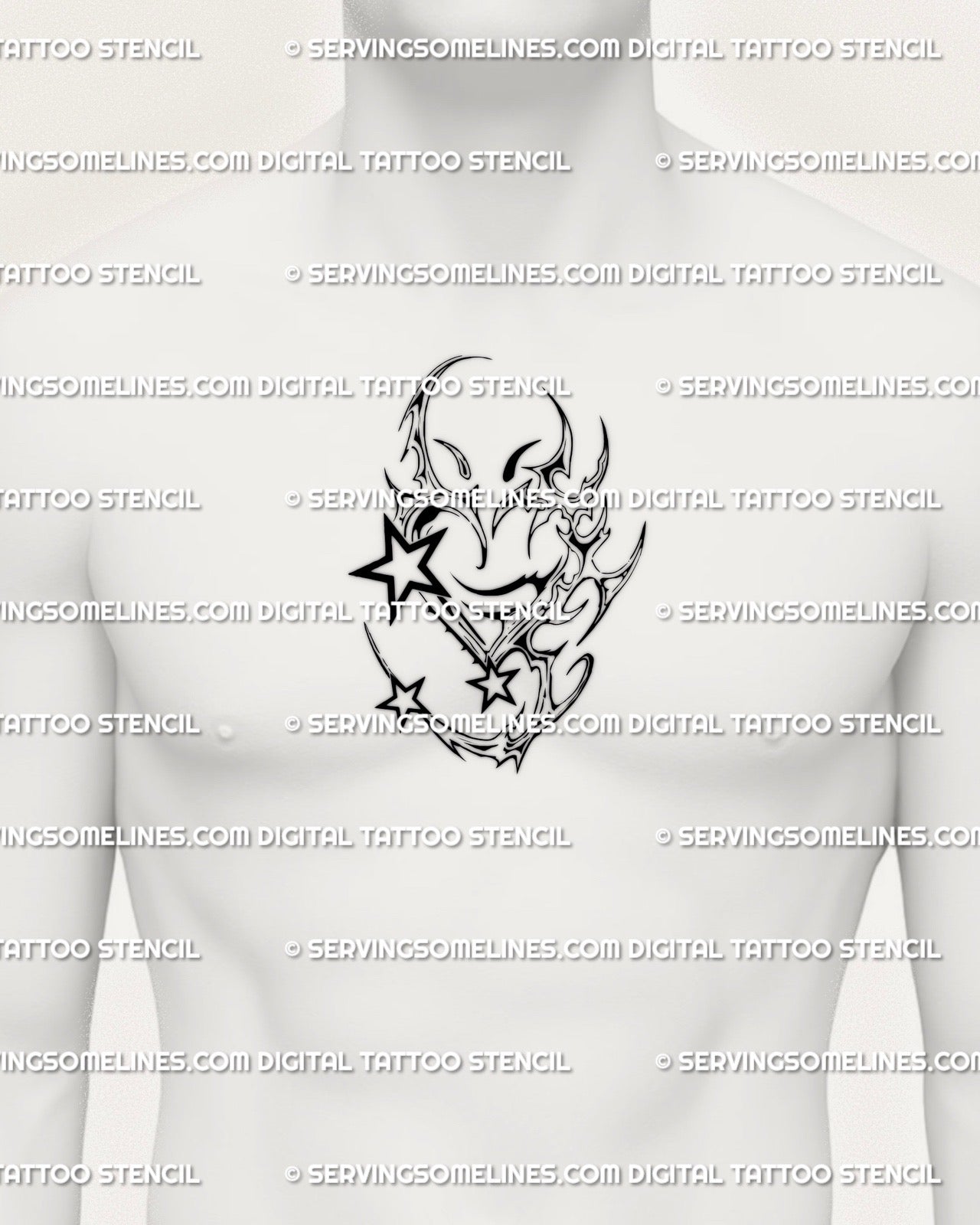 Chrome heart tattoo on man’s chest center with Y2K tribal stars, cyber sigilism heart linework with spiked gothic details. 