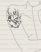 Chrome tribal heart tattoo with Y2K stars shown on woman’s arm, cybertribal line art design with gothic metallic heart vibe.