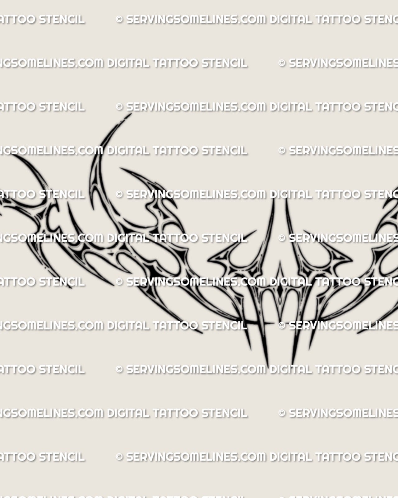 Close detail of the chrome neotribal lower back tattoo stencil, showing silver inner shading and sharp tribal flow.