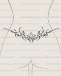Chrome neotribal lower back tattoo shown on women's lower back placement example with silver tribal shaping.