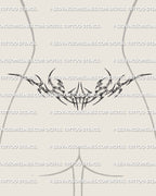 Chrome neotribal lower back tattoo shown on women's lower back placement example with silver tribal shaping.