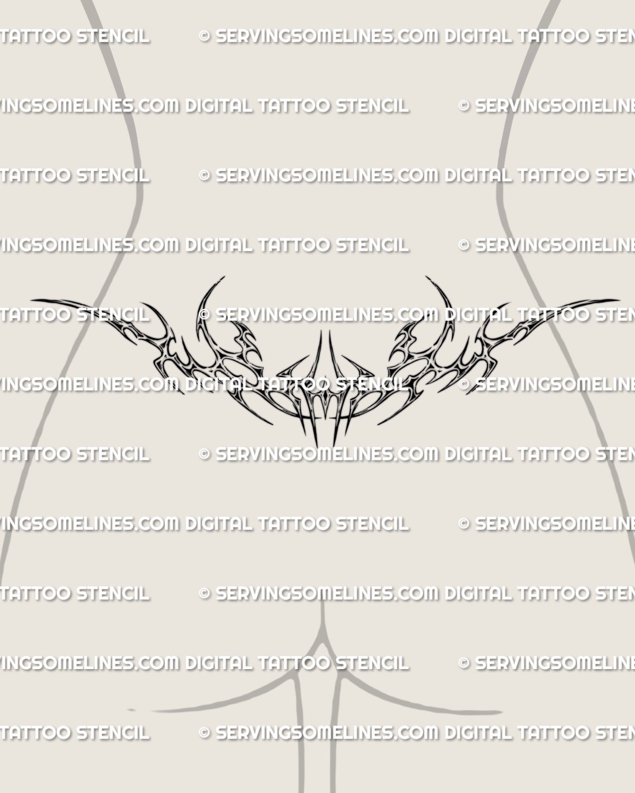 Chrome neotribal lower back tattoo shown on women's lower back placement example with silver tribal shaping.