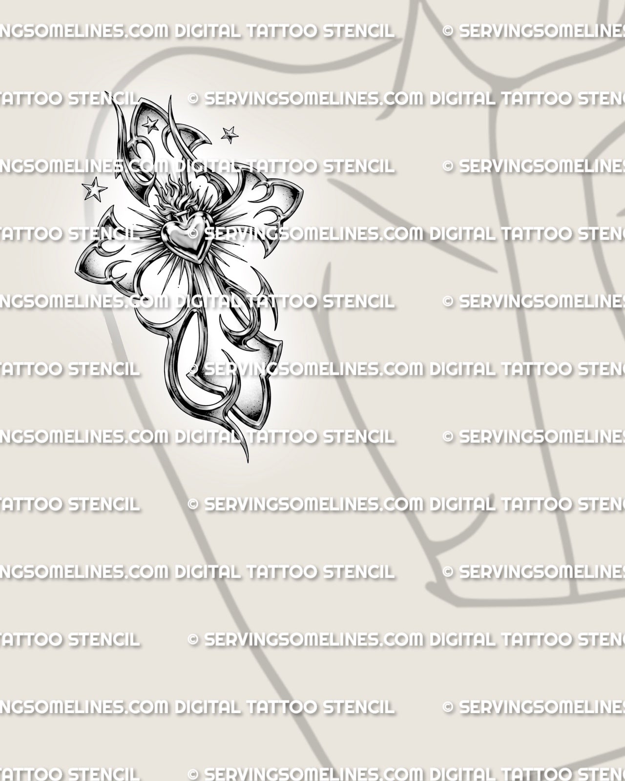 Chrome sacred heart cross tattoo shown on women’s arm placement with Y2K tribal curves, flame detail, and clear stencil shape