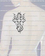 Chrome cross tattoo shown on men’s shoulder placement with a bold 2000s shape, smooth tribal curves, and clear stencil lines