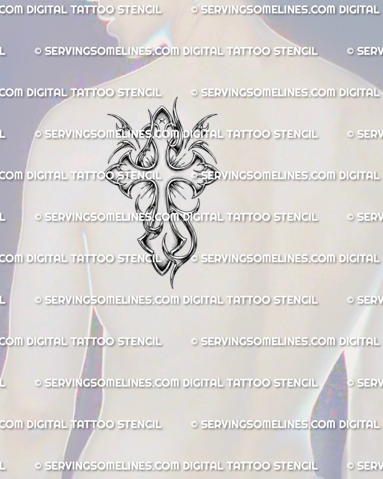 Chrome cross tattoo shown on men’s shoulder placement with a bold 2000s shape, smooth tribal curves, and clear stencil lines