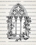 Church window tattoo stencil design with pointed frame, gothic tracery, ivy vines, rose detail, and clean linework.