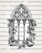 Church window tattoo stencil design with pointed frame, gothic tracery, ivy vines, rose detail, and clean linework.
