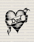 Classic dad heart tattoo stencil with banner text DAD, bold black fill and dot shading, traditional flash style design.