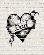 Classic dad heart tattoo stencil with banner text DAD, bold black fill and dot shading, traditional flash style design.