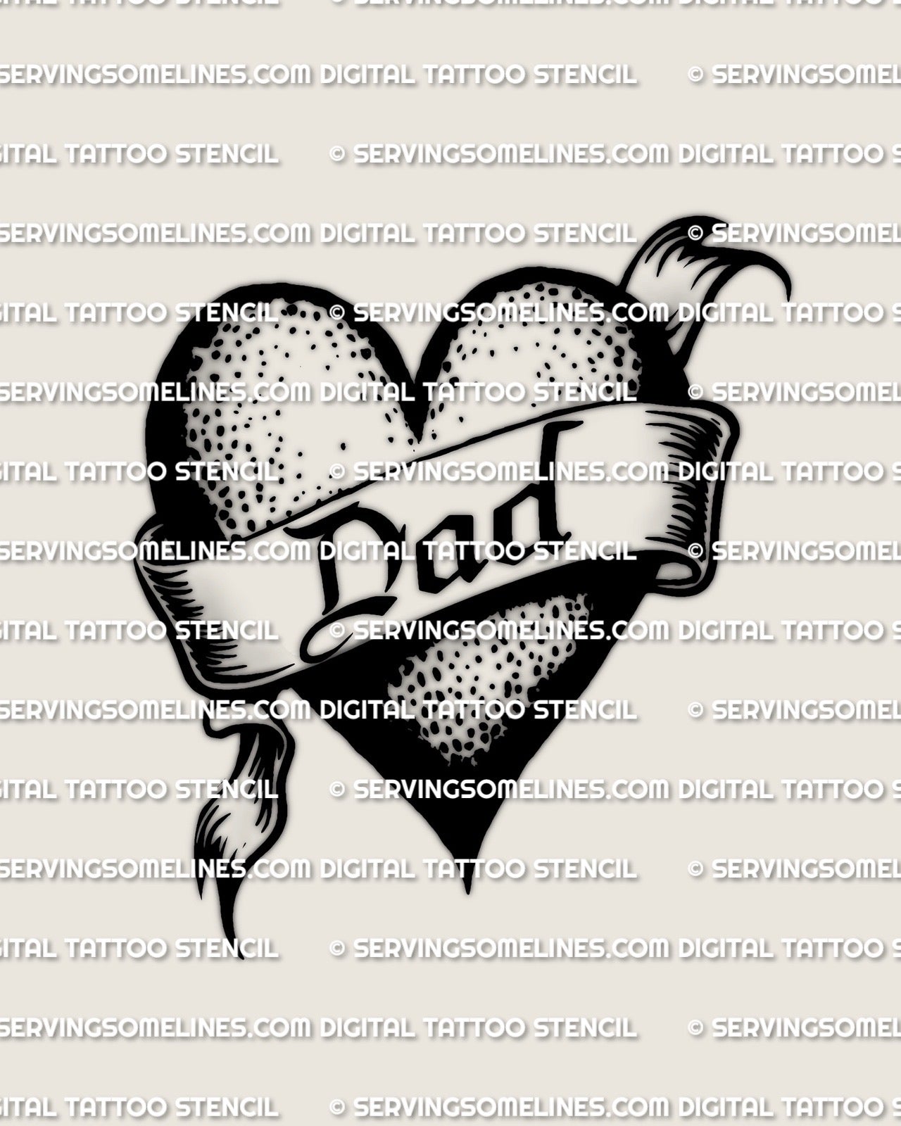 Classic dad heart tattoo stencil with banner text DAD, bold black fill and dot shading, traditional flash style design.
