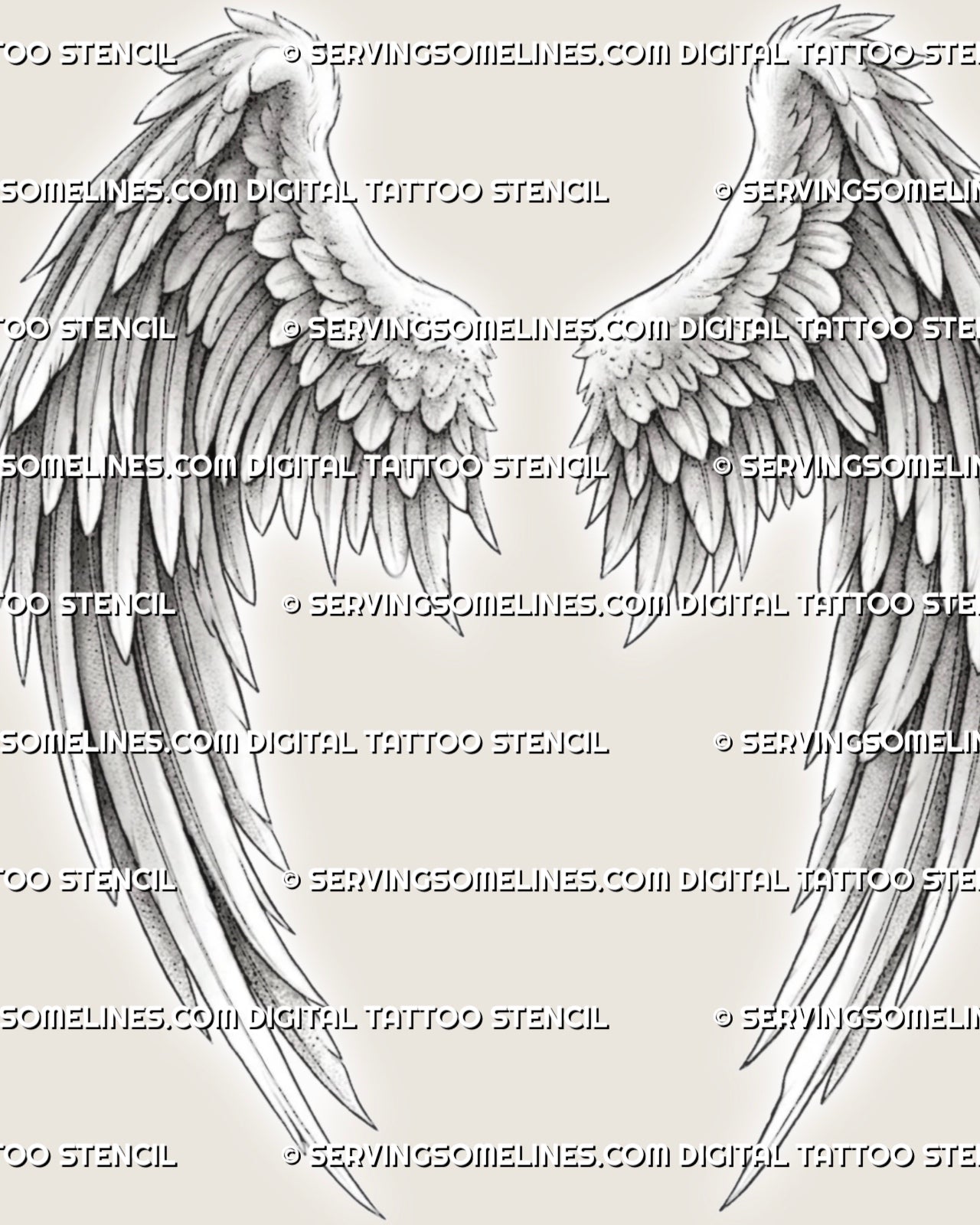 Classic angel wings tattoo stencil design preview with layered feather detail, clean wing shape, and printable files.