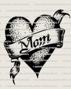 Classic MOM heart banner tattoo stencil design with thick outline, ribbon text, and vintage dot shading, clean printable linework for transfer.
