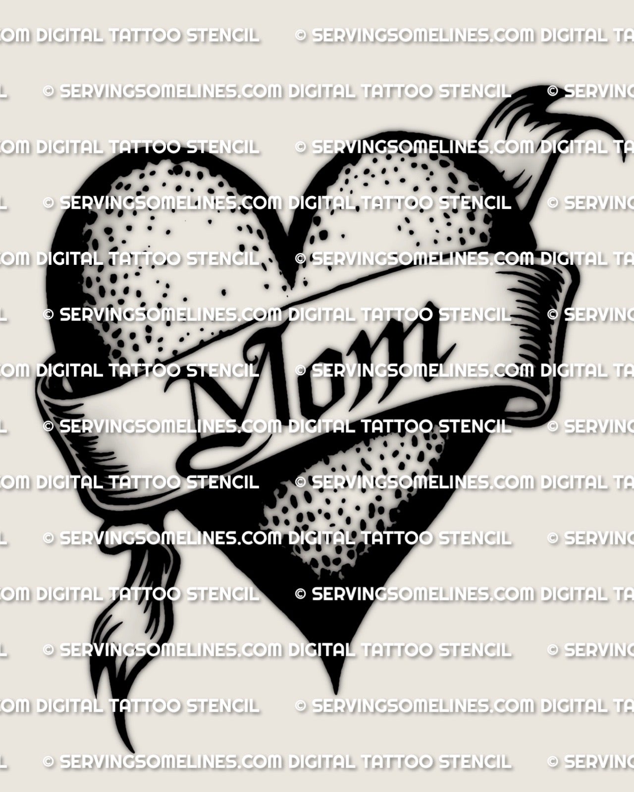 Classic MOM heart banner tattoo stencil design with thick outline, ribbon text, and vintage dot shading, clean printable linework for transfer.