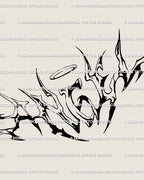 Close up of angel lettering tattoo stencil showing halo detail and sharp cyber calligraphy lines, ornamental neotribal script texture.