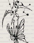 Close up of Aquarius sword tattoo with butterfly blade and constellation detail, celestial dagger in cybersigilism style.