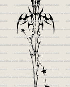 Close-up of Aries constellation sword tattoo, showing intricate blade stars and cyber-tribal dagger handle details in fine-line art.