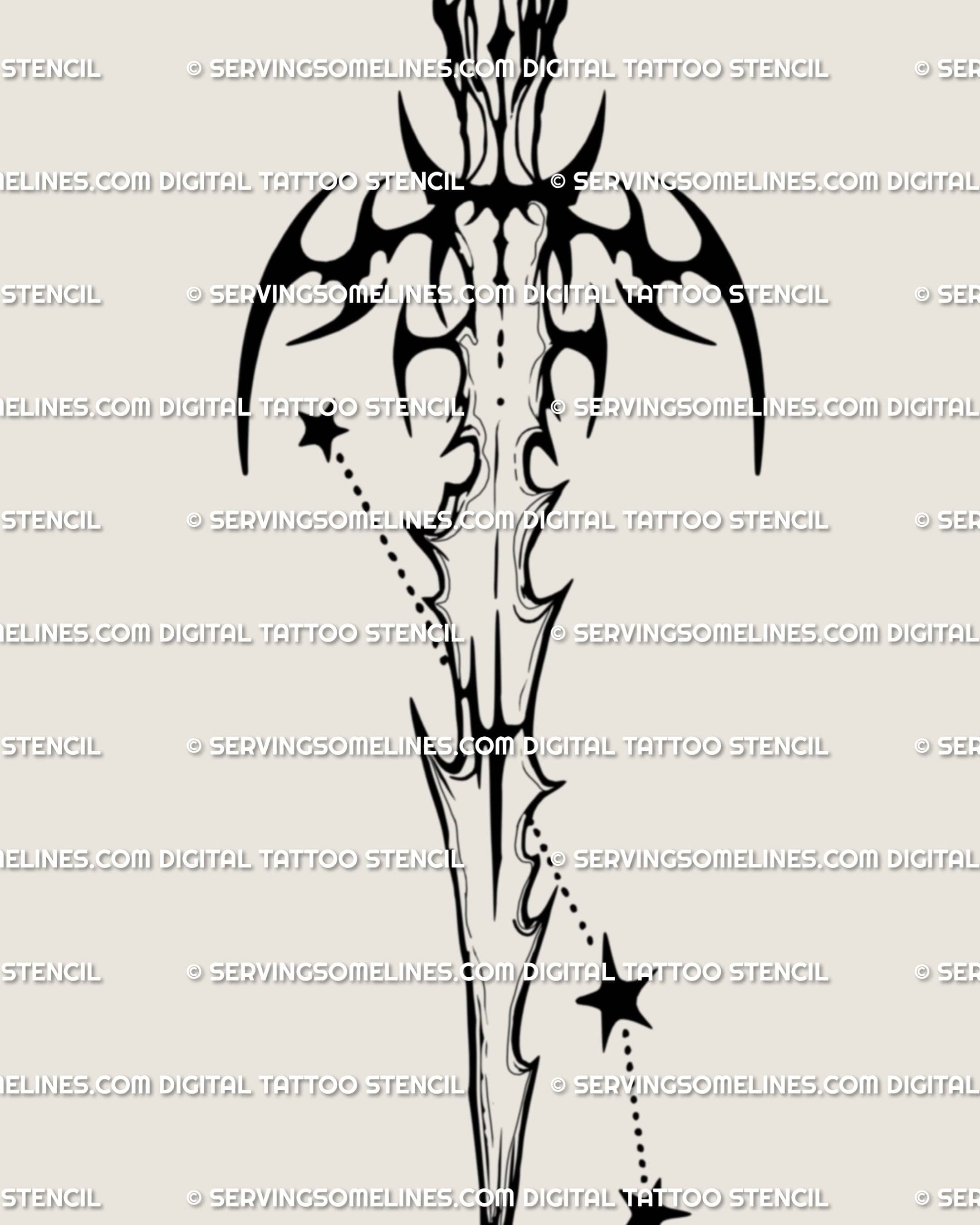 Close-up of Aries constellation sword tattoo, showing intricate blade stars and cyber-tribal dagger handle details in fine-line art.