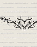 Close-up of cyber-tribal heart tattoo detail showing barbed wire knots and spiky linework, cybersigilism gothic design for back or chest