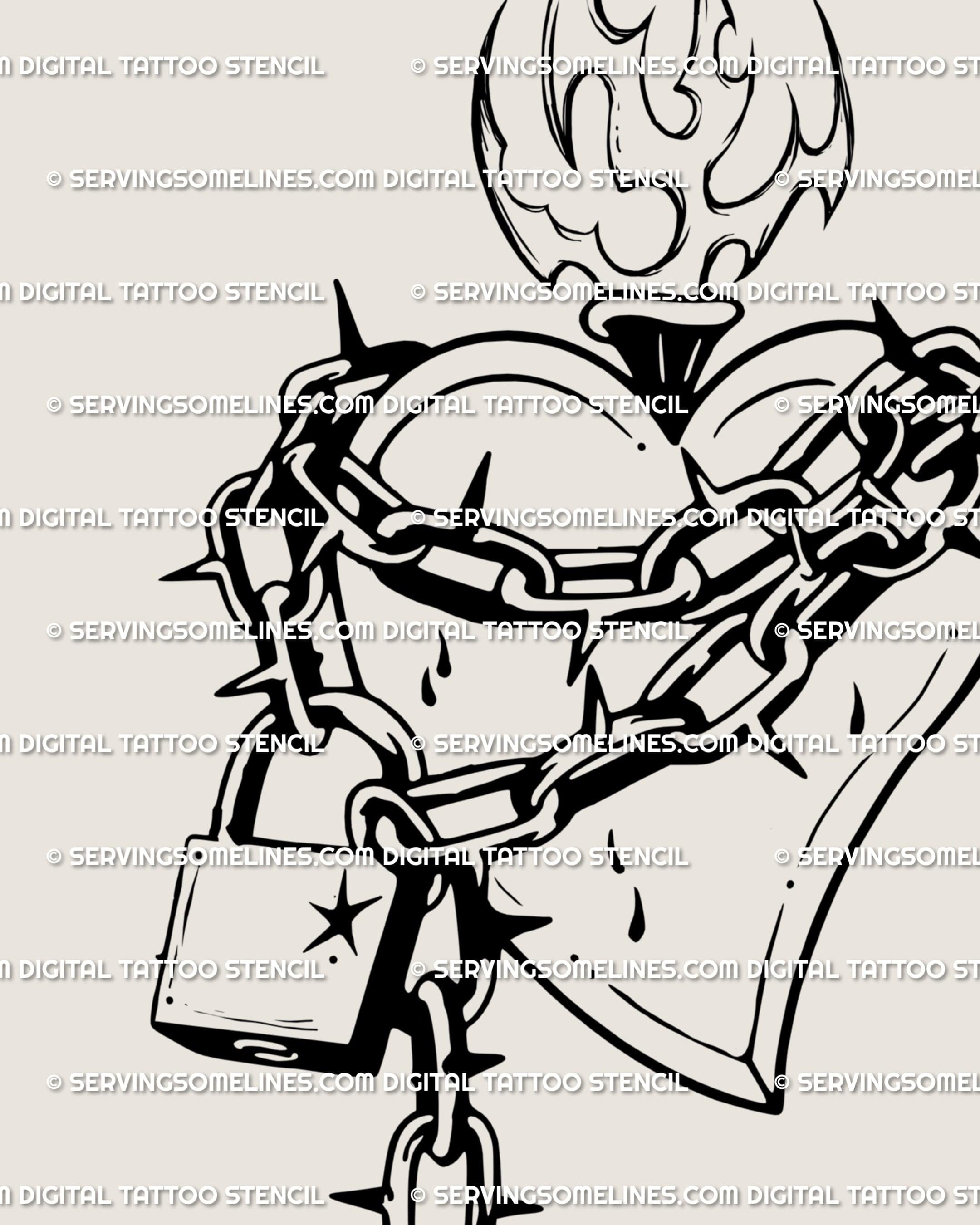 Close-up of spiked chain heart tattoo design showing fine gothic linework and symbolic barbed wire details around a sacred heart lock.