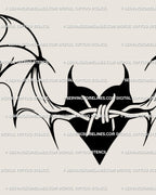 Close up of gothic barbed wire heart tattoo with bat wings, showing spiky details and Y2K spooky cute linework.
