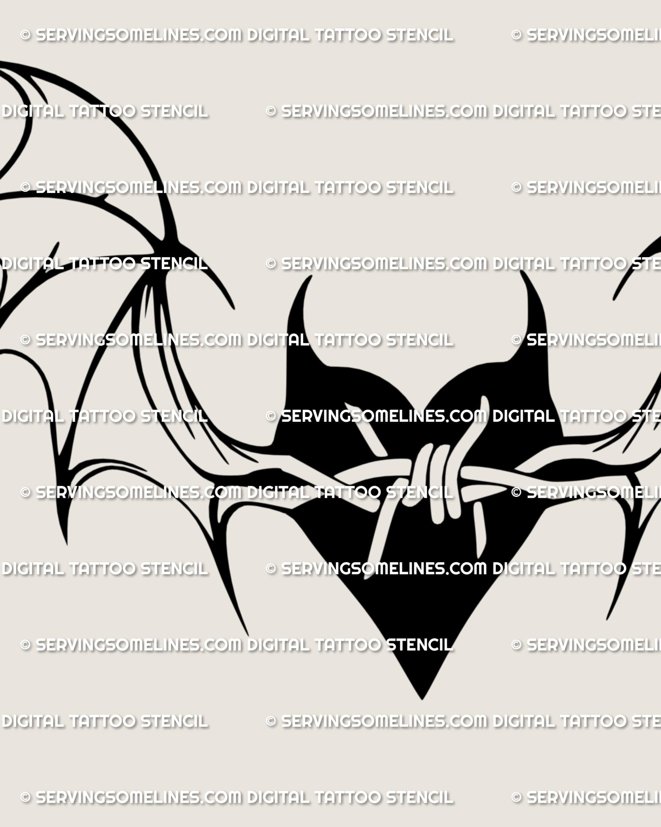 Close up of gothic barbed wire heart tattoo with bat wings, showing spiky details and Y2K spooky cute linework.