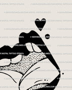 Close-up of black lipstick lips tattoo flash, minimalist queer kiss tattoo design for bold self-expression.