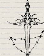 close-up of constellation dagger tattoo showing Capricorn stars, heart handle, and intricate neotribal dagger detailing.
