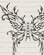 Close-up of hand-drawn cyber sigil butterfly tattoo stencil with corset lace-up ribbon bow, minimalist gothic line art for instant download.