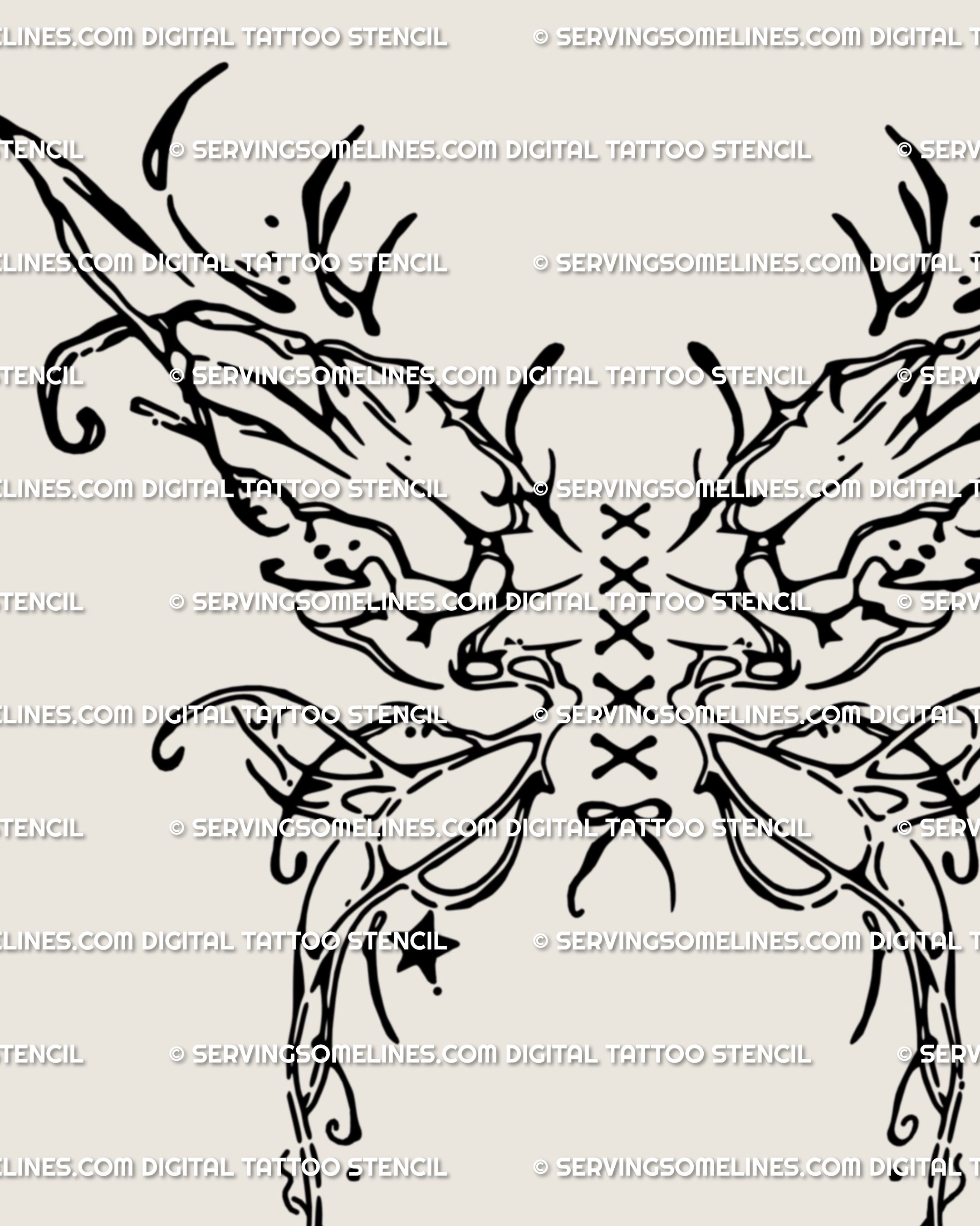 Close-up of hand-drawn cyber sigil butterfly tattoo stencil with corset lace-up ribbon bow, minimalist gothic line art for instant download.