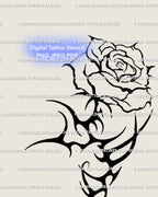 Close-up of a cybersigilism rose tattoo stencil, thorned neotribal stem and gothic floral line art, hand-drawn rose tattoo digital design.