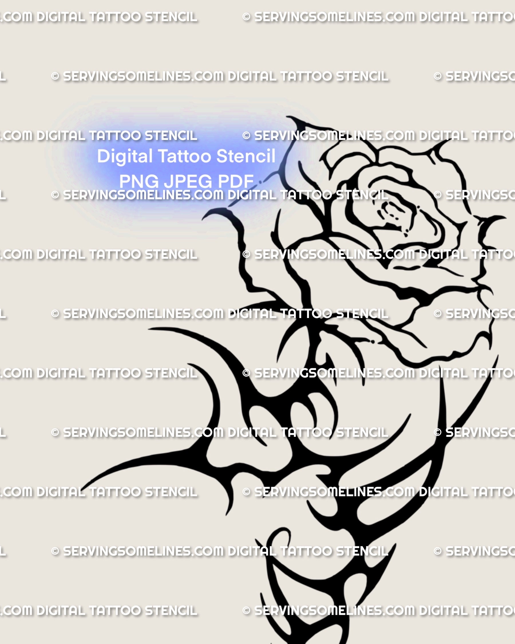 Close-up of a cybersigilism rose tattoo stencil, thorned neotribal stem and gothic floral line art, hand-drawn rose tattoo digital design.