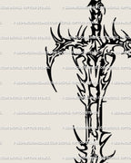 Close-up of cyber sigilism sword tattoo stencil, dark fantasy neotribal blade with gothic line symmetry and tribal dagger texture.
