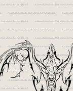 Close-up of neotribal cyber dragon tattoo stencil showing detailed cybersigilism wing patterns, gothic symmetry, and sharp blade-like edges.