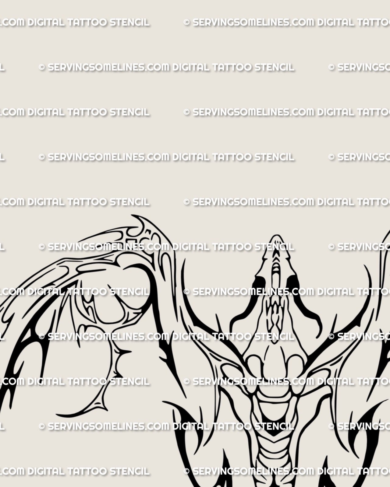 Close-up of neotribal cyber dragon tattoo stencil showing detailed cybersigilism wing patterns, gothic symmetry, and sharp blade-like edges.