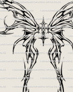 Close-up of sacred cross flaming wings tattoo stencil, clean blackwork cybersigilism details for spine or sternum tattoos. 