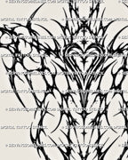 Close-up preview of dark gothic backpiece tattoo stencil with centered heart, sharp neotribal lines, and printable detail
