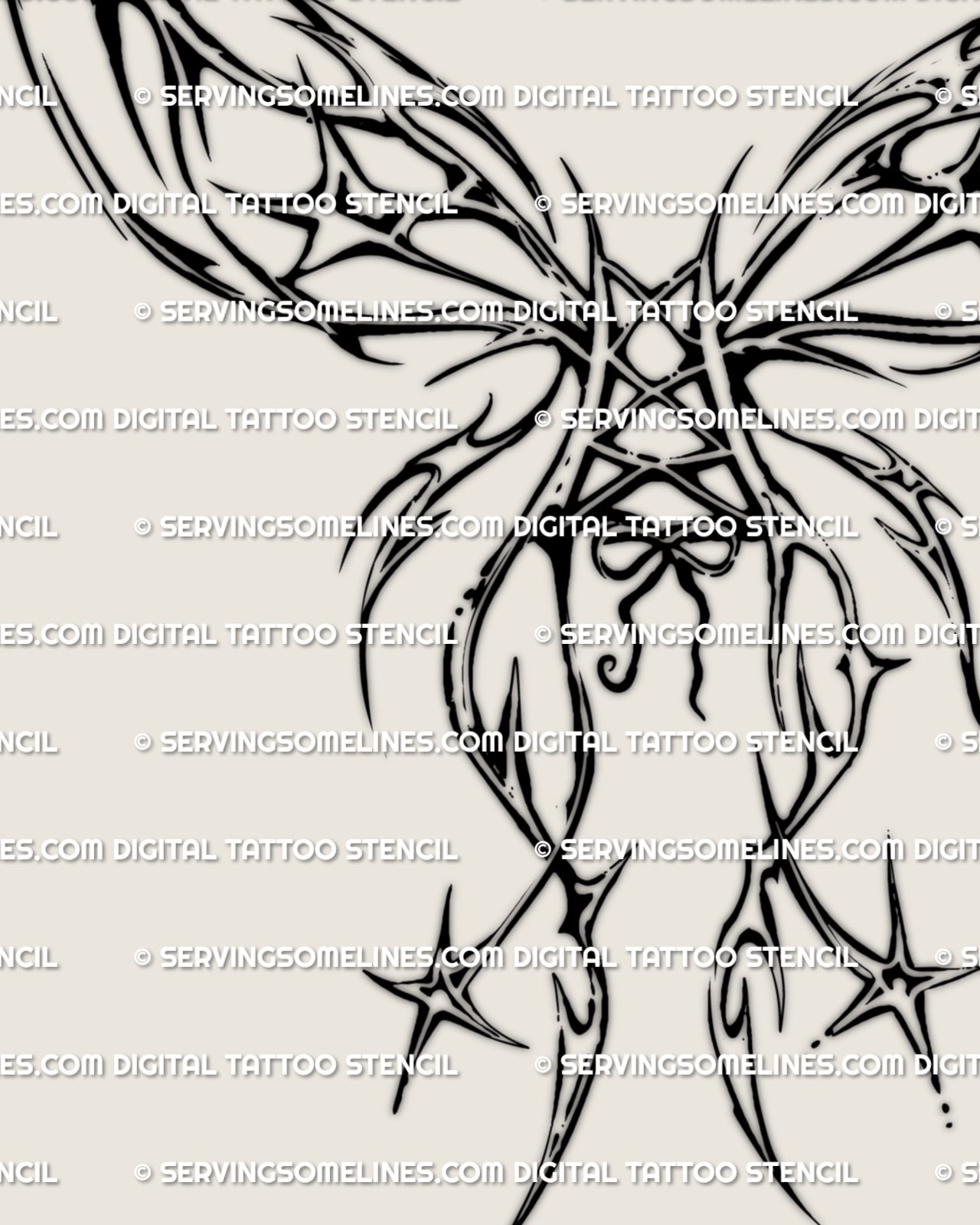 Close-up butterfly wings tattoo stencil, fairycore corset bow and stars drawn in clean neotribal linework for digital stencil art.