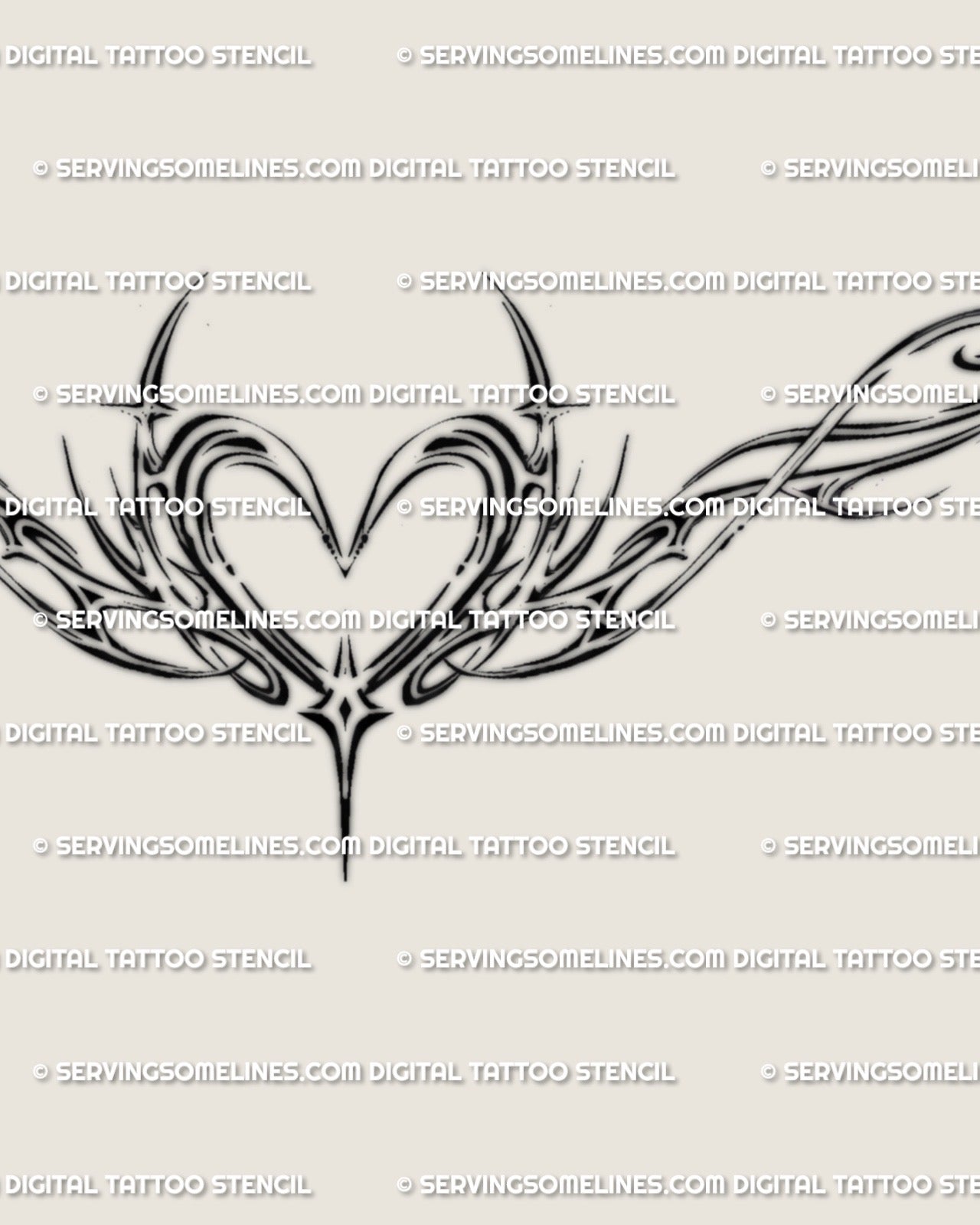 Close-up of fine line cybersigilism tattoo, delicate ornamental heart and wings showing neotribal symmetry with minimalist feminine detail.