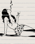Close-up of girl smoking tattoo stencil, showing fine line art details, gothic feminine tattoo flash with panther and woman symbolism.